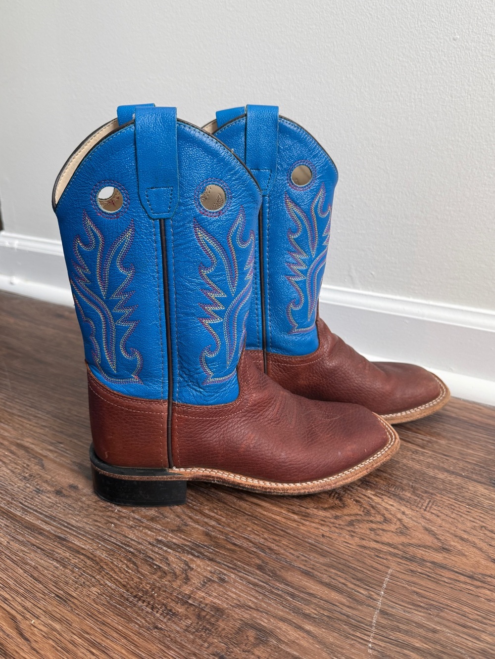 Cody James Real Leather Square Toe Kids Blue Brown Cowboy Boots Size 3 Youth